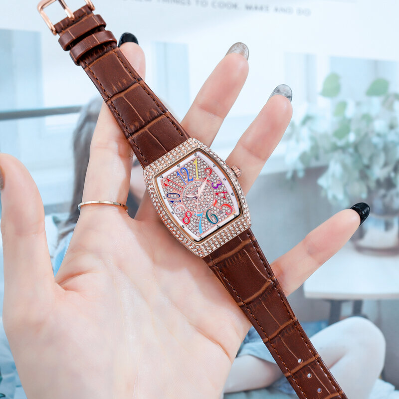 แฟชั่น Bling Bling คริสตัลนาฬิกาผู้หญิงเพชรผู้หญิงมีแบรนด์หนังควอตซ์ Analog นาฬิกาผู้หญิงสุภาพสตรีของขวัญชุด