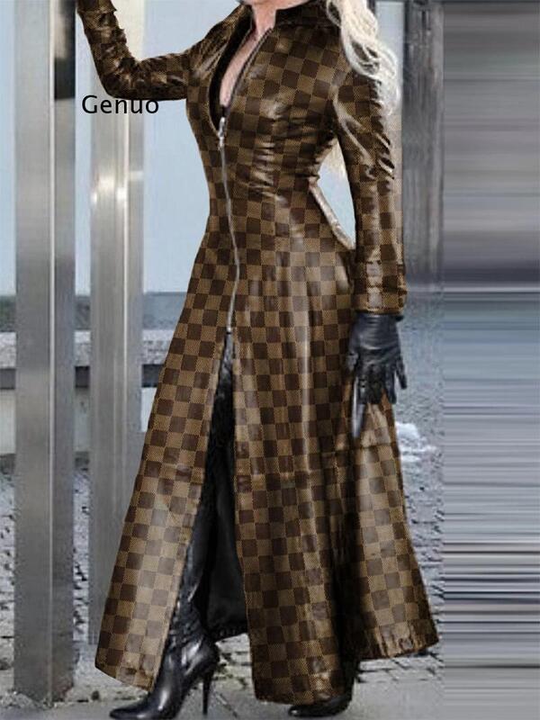 Casaco de couro do falso das mulheres da moda da serpente leopardo impressão com zíper retro casaco feminino do inverno x-long do plutônio do vintage 2021