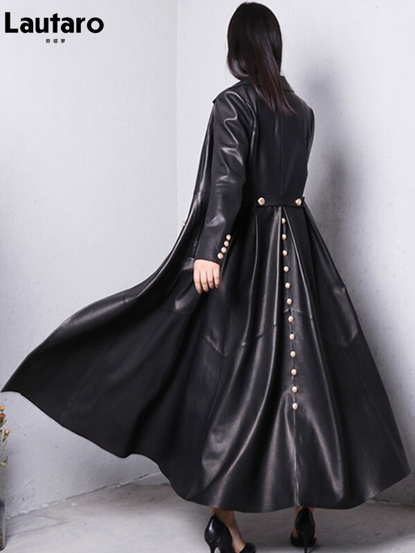 Lautaro Herfst Lange Skirted Rood Zwart Faux Lederen Trenchcoat Voor Vrouwen Double Breasted Elegante Luxe Mode 4xl 5xl 6xl 7xl