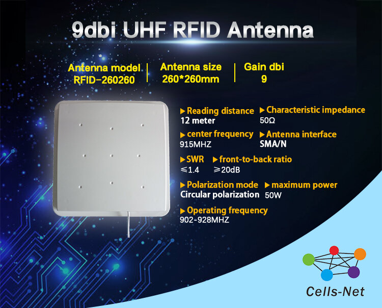 9dbi UHF RFID антенна 902-928 МГц антенна для циркулярной поляризации на большие расстояния 260*260 мм