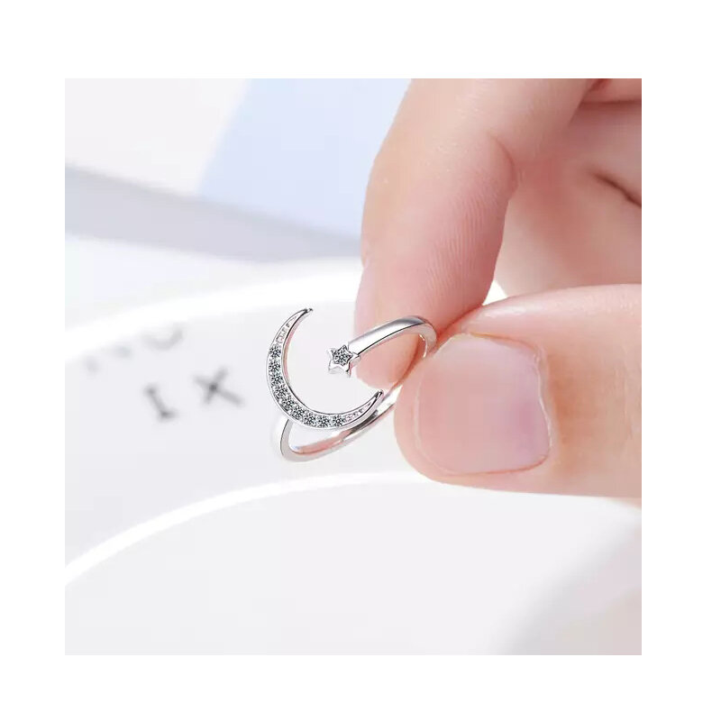 Simple Zircon Moon Star 925 Sterling Silver Rings For Women Girl Adjustable Size S-R467