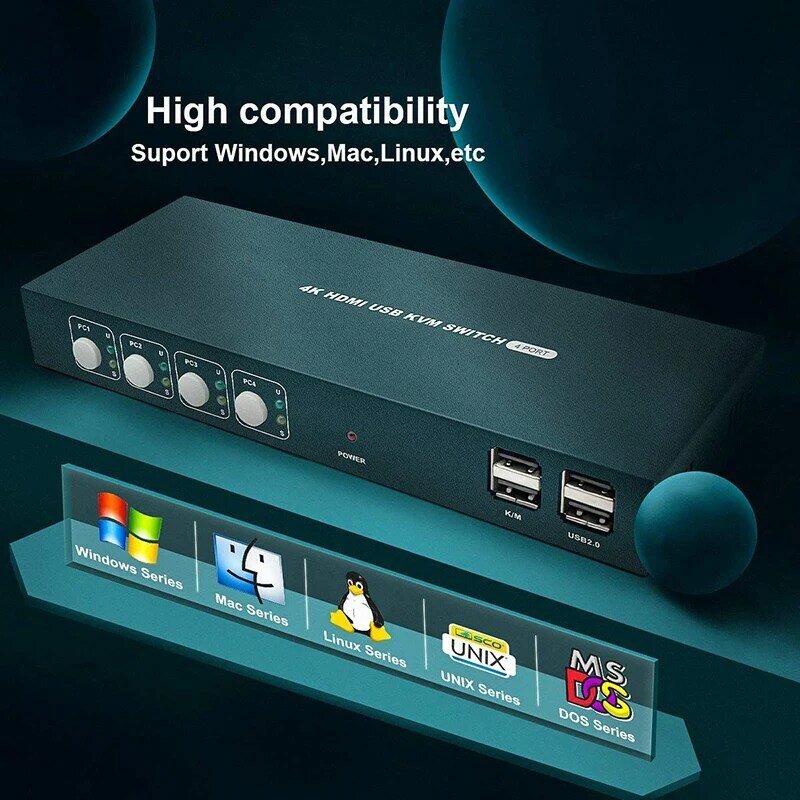 KVM 스위치 HDMI KVM 스위치, 모니터 스위치, 핫키 스위치, HDMI 케이블 4 개, USB 케이블 4 개, 4 포트, 4K @ 30Hz, USB2.0 4 PC 1