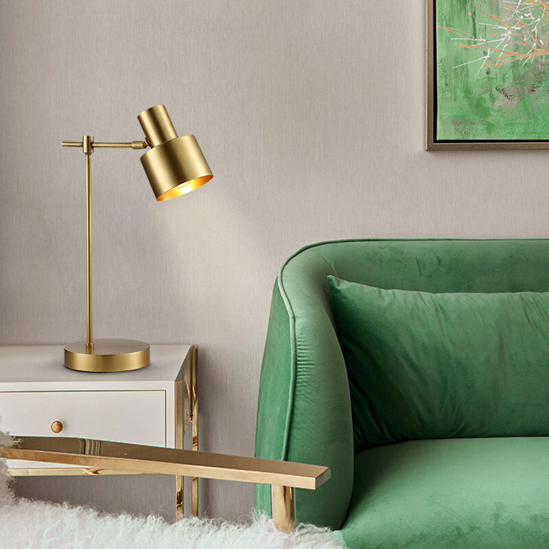 Lámpara de mesa de cobre nórdico E27, lámpara de escritorio de lectura, decoración artística, lámparas de mesa doradas para dormitorio, mesita de noche, sala de estar y estudio