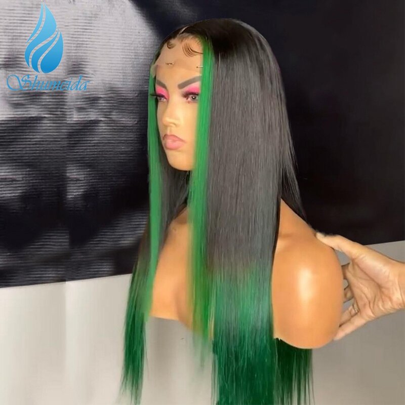 Shumeida Hoogtepunt Groene Kleur 13*4 Lace Front Menselijk Haar Pruiken Braziliaanse Remy Human Hair Gluelss Pruiken Voor Vrouwen wirh Baby Haar
