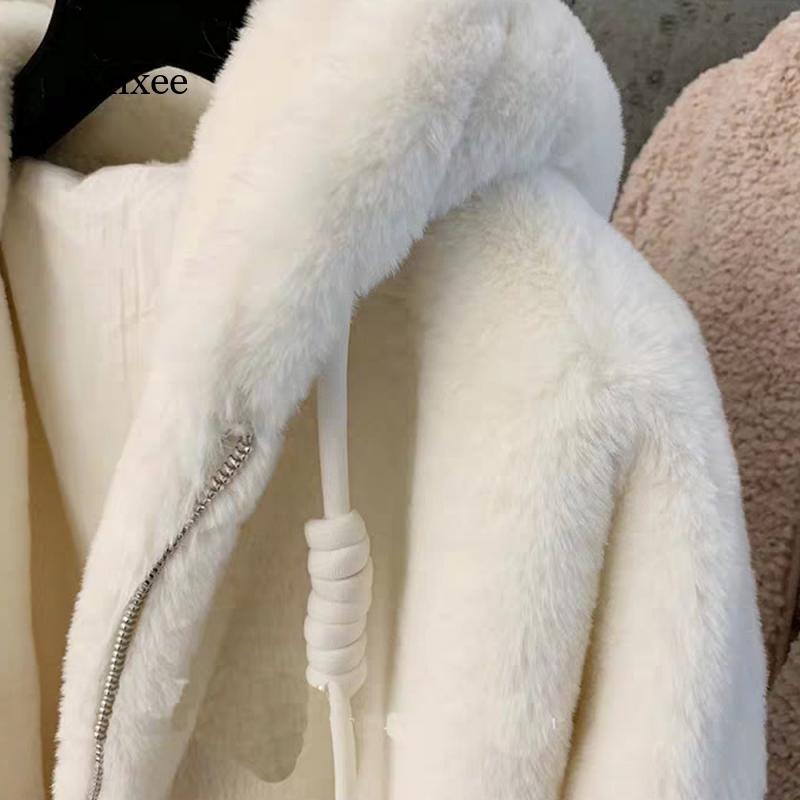 Casaco de pelúcia com capuz outono inverno solto tamanho grande imitação de pele de coelho casaco juventude estudante branco zíper jaqueta de pelúcia cardigan