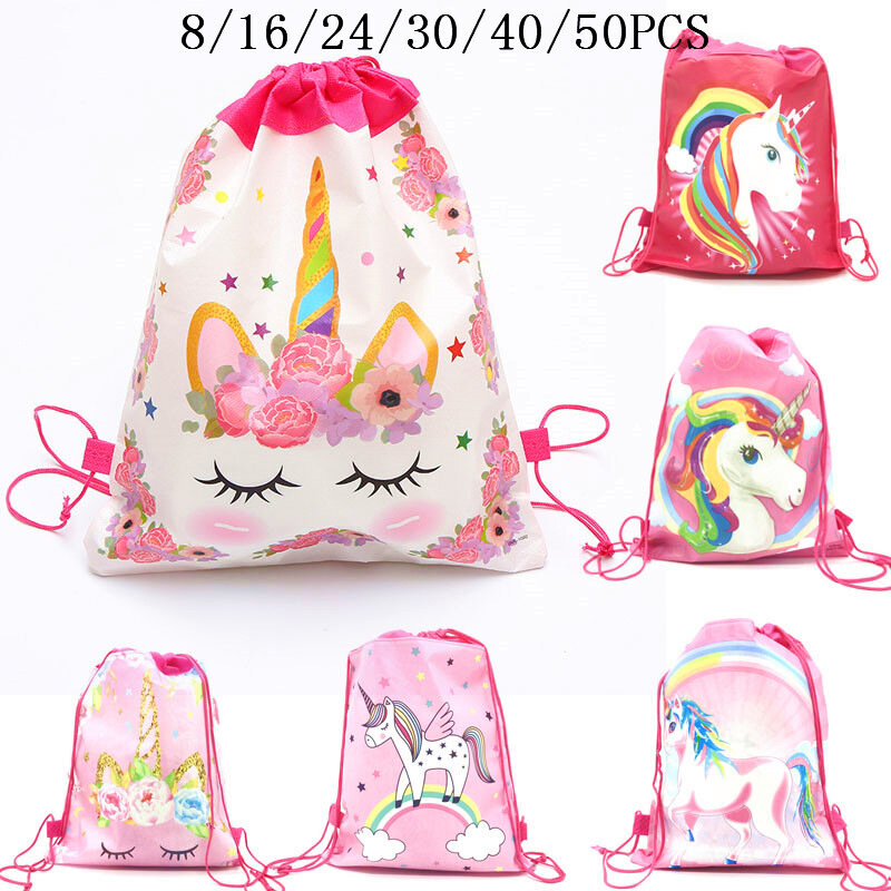 16/8/24/50PCS borsa con coulisse unicorno per ragazze pacchetto di archiviazione da viaggio zaini per la scuola festa di compleanno per bambini bomboniere borse per teschi