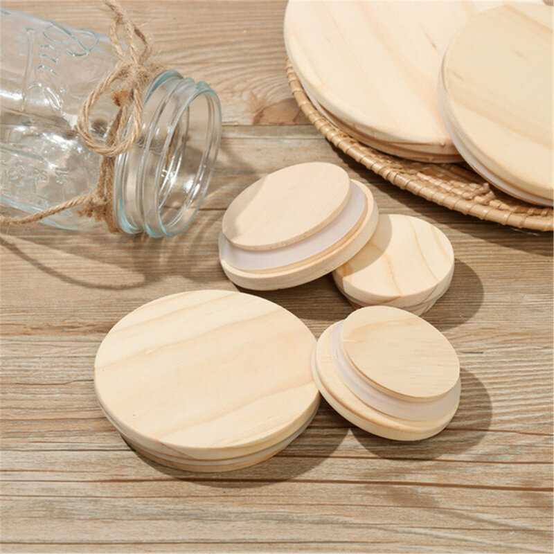 Tapas reutilizables de madera de pino con anillo de sellado de silicona, tapas de bambú para taza de vela, botella de vidrio, jarra de albañil, cubierta de taza para beber