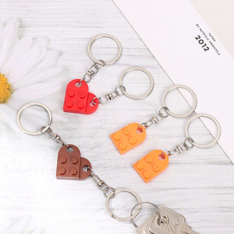 2PCS Fashion Couples Friendship Cute Building Block Keychains Heart Pendant Key Ring Key Buckle