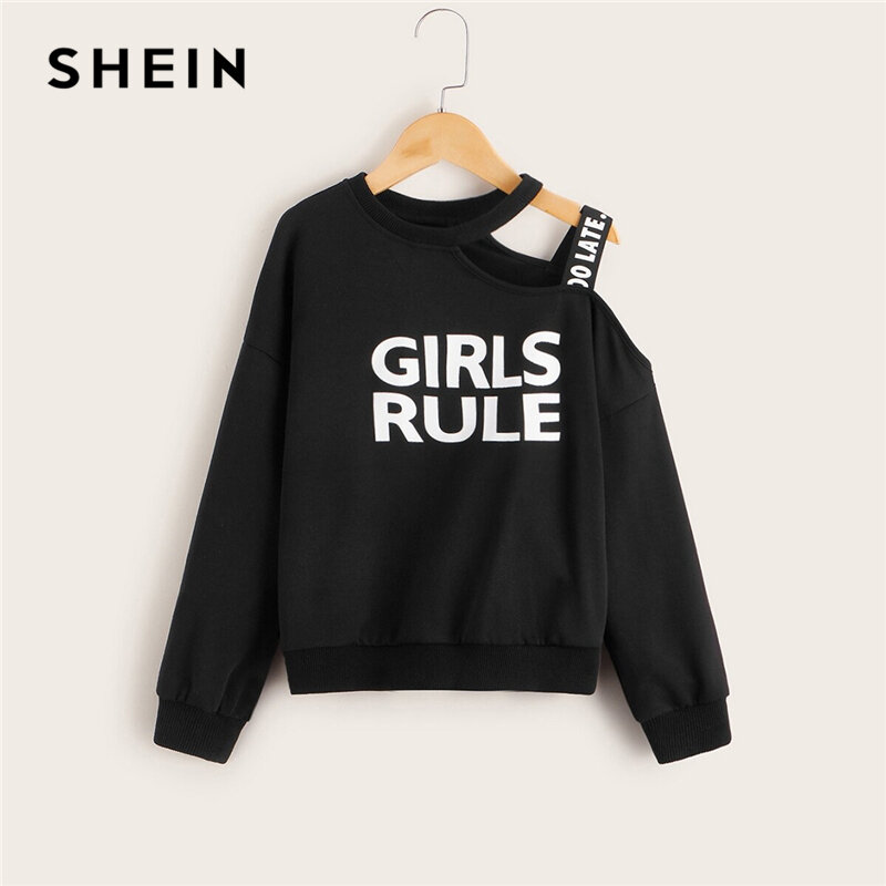 SHEIN Kiddie Letter Print Cold One Shoulder Pullover With Strap Kids Tops 2019 Autumn Long Sleeve Child Casual Sweatshirt