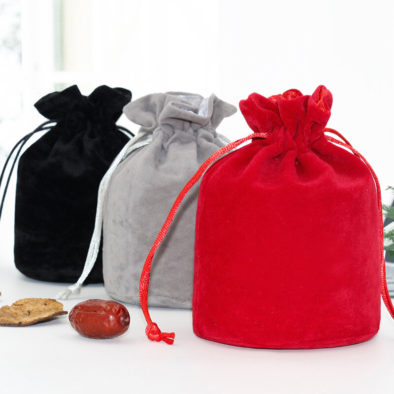 10 unids/lote de bolsas de bolsillo con cordón de terciopelo rojo/negro/gris de alta calidad, bolsas de fondo redondo, bolsas de embalaje de vino cosmético
