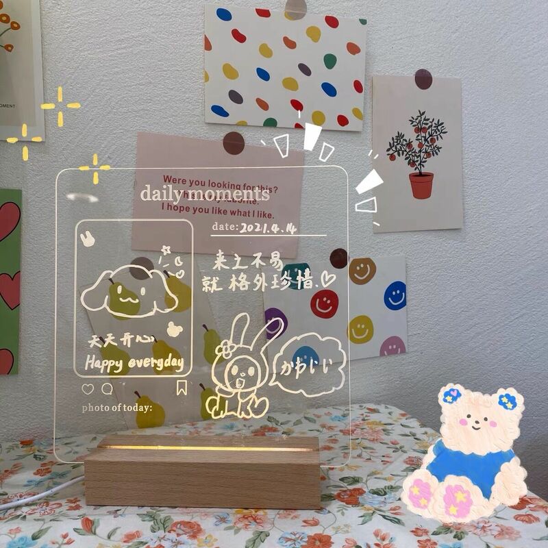 MINKYS New Arrival USB Acrylic Daily Moments Photo Memo Message Board With Wood Stand Holder Set Lamp Creative School Stationery