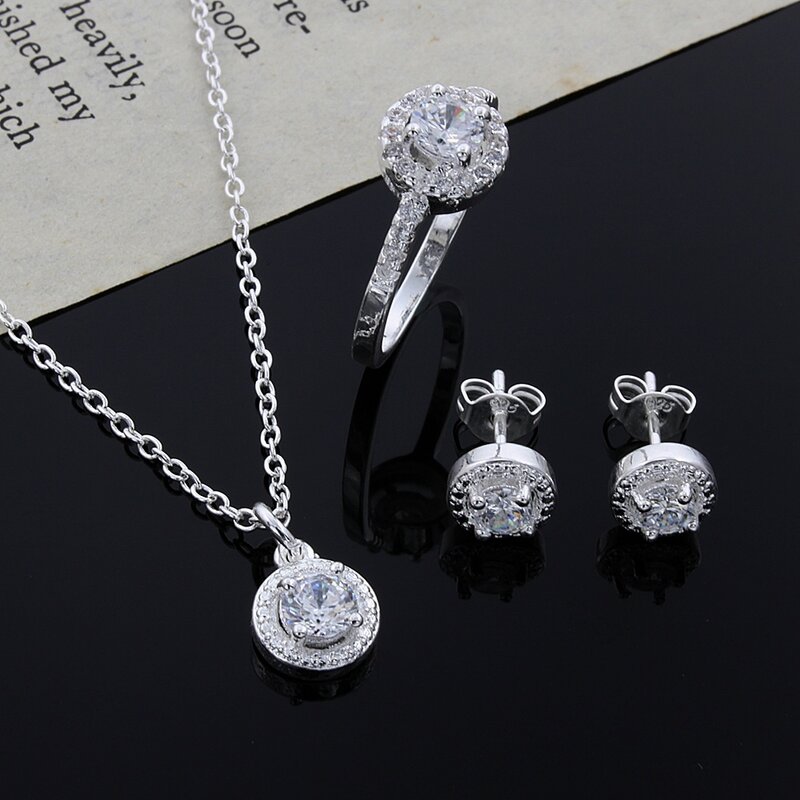 925 Conjunto de jóias em prata esterlina para mulheres, fofo, sólido, nobre, elegante, brilhante cristal cz, colar, brinco, anel, presente de natal