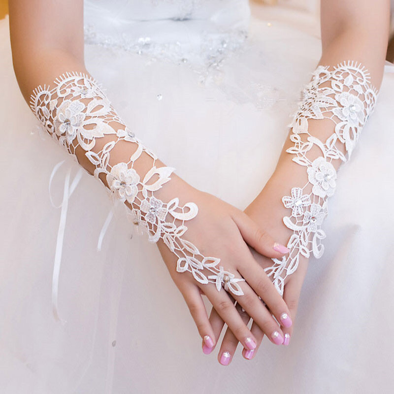 สีขาวยาวลูกไม้ Beaded Fingerless ถุงมือเจ้าสาวคริสตัลดอกไม้ถุงมืองานแต่งงานสำหรับเจ้าสาวเจ้าสาวงานแต่งงานอุปกรณ์เสริม JL