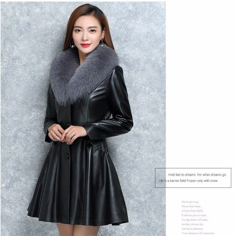 Jaket kulit imitasi untuk wanita, jaket kulit sintetis kerah bulu palsu elegan ritsleting PU warna hitam ukuran Plus musim gugur/musim dingin 2023