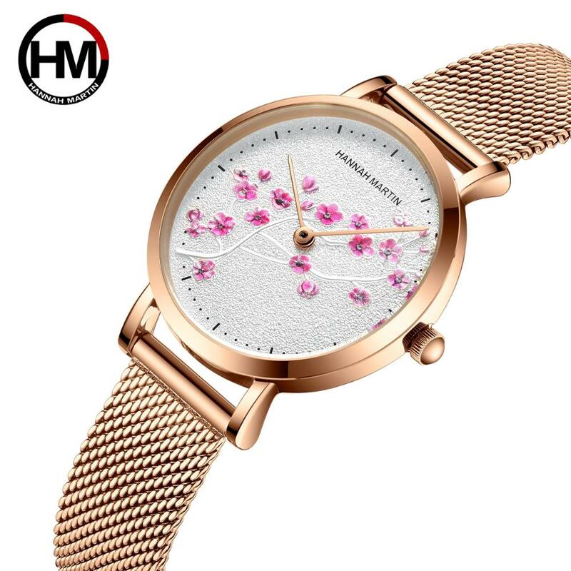 Relógio de quartzo 10d, pulseira de couro genuíno com flor de ameixa vermelha para mulheres
