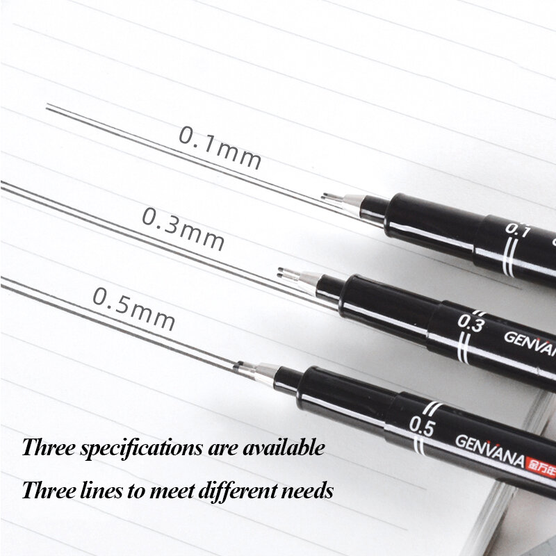 Genvana-caneta agulha de desenho de linha dupla, 0.5/0.3/0.1mm, à prova d'água, secagem rápida, escola, desenho, artigos de papelaria
