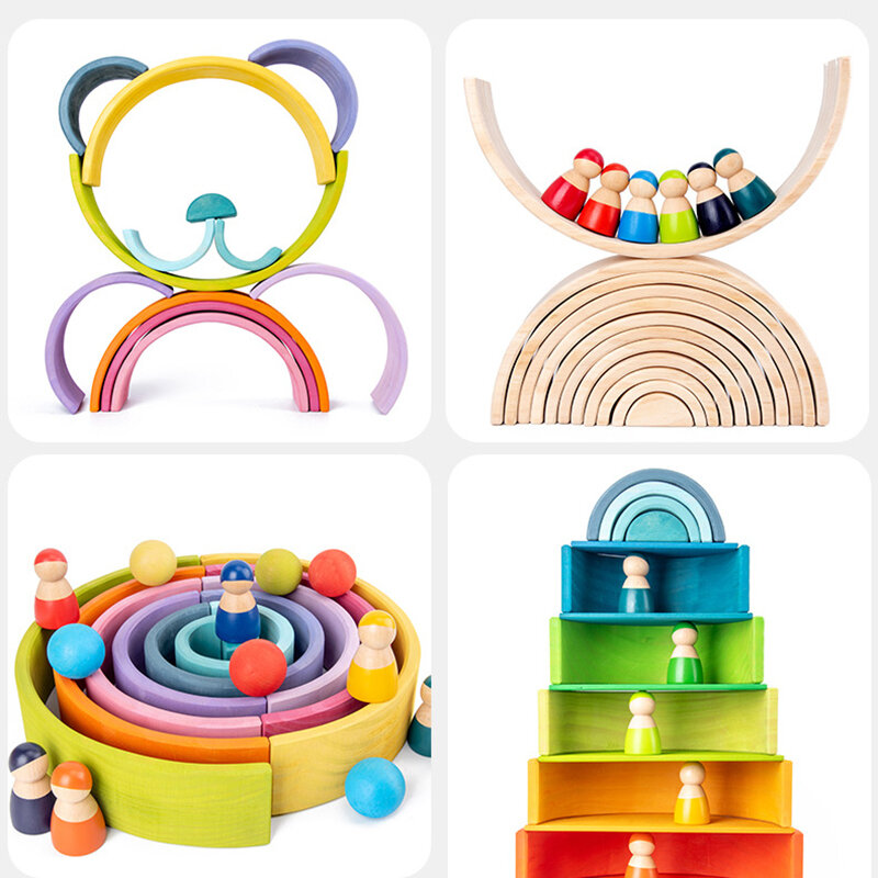 Bloques de arcoíris de madera para bebé, grandes y creativos, bloques de construcción de arcoíris, bloques de equilibrio, juguetes de madera para niños, juguete educativo Montessori