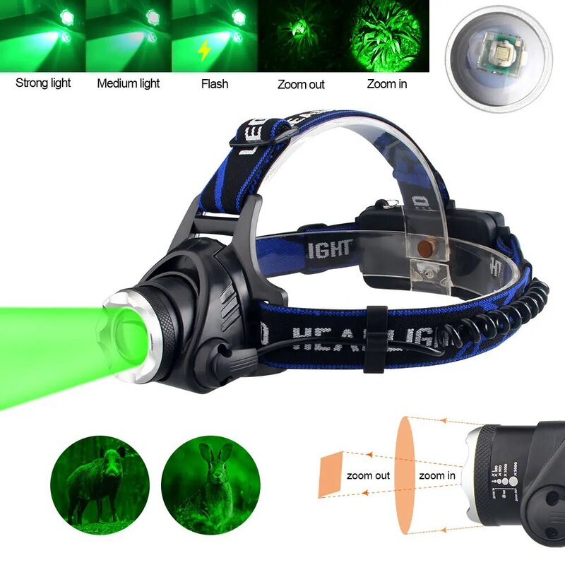 Linterna frontal con zoom de 2000LM para exteriores, luz verde/roja/UV de 395nm, resistente al agua, USB, 3 modos, linterna de caza