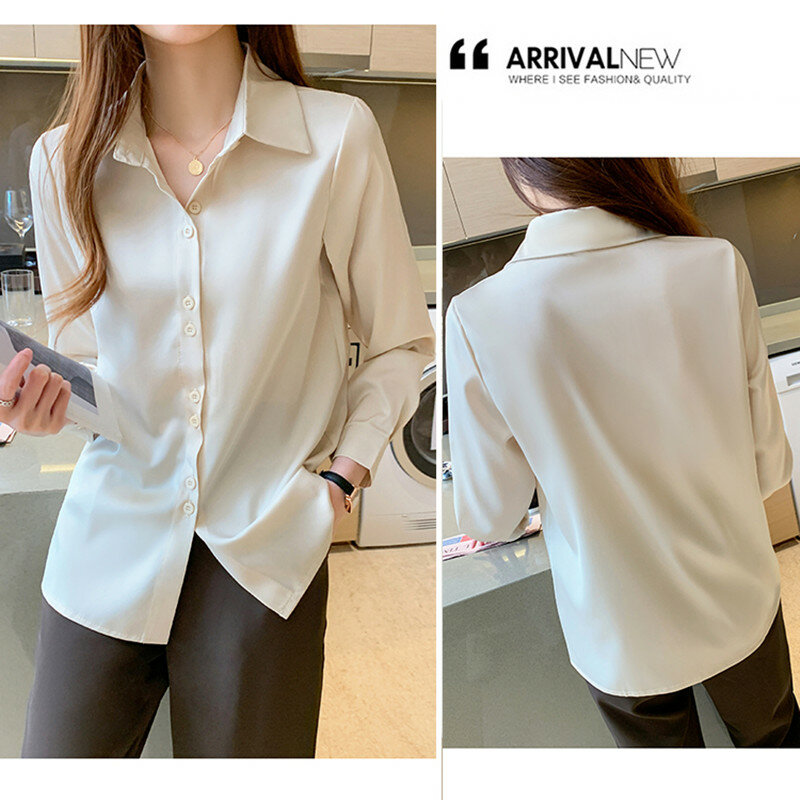 Женская шелковая рубашка с V-образным вырезом, однотонные женские топы, осень 2023, модная атласная блузка с длинным рукавом, винтажный белый топ на пуговицах