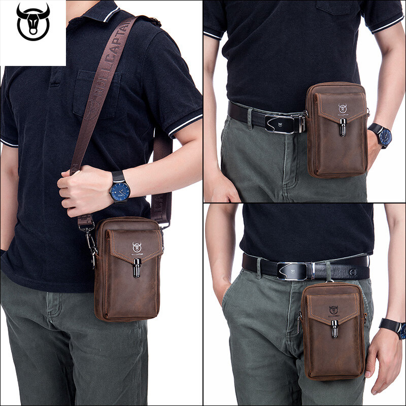 Cow Leather Mobile Phone Bag Genuine Leather Men's Casual Belt Waist Bag Trend Multi-Function Shoulder Messenger Bag