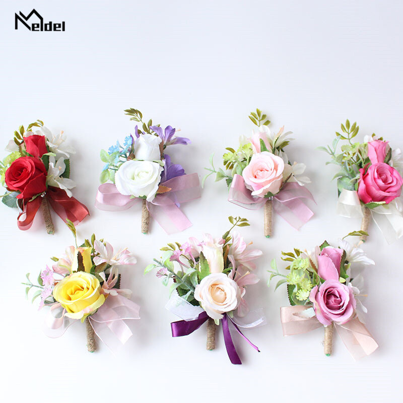 Meldel Silk Flowers Corsage Bracelet Bridesmaids Artificial Flowers Wedding Groom Boutonnieres Wedding Marriage Corsage Brooches