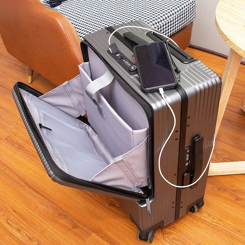 فتح الجبهة والجانب فتح الأمتعة رجال الأعمال حقيبة سفر عربة الألومنيوم الإطار حقيبة متعددة الوظائف مع مايكرو USB