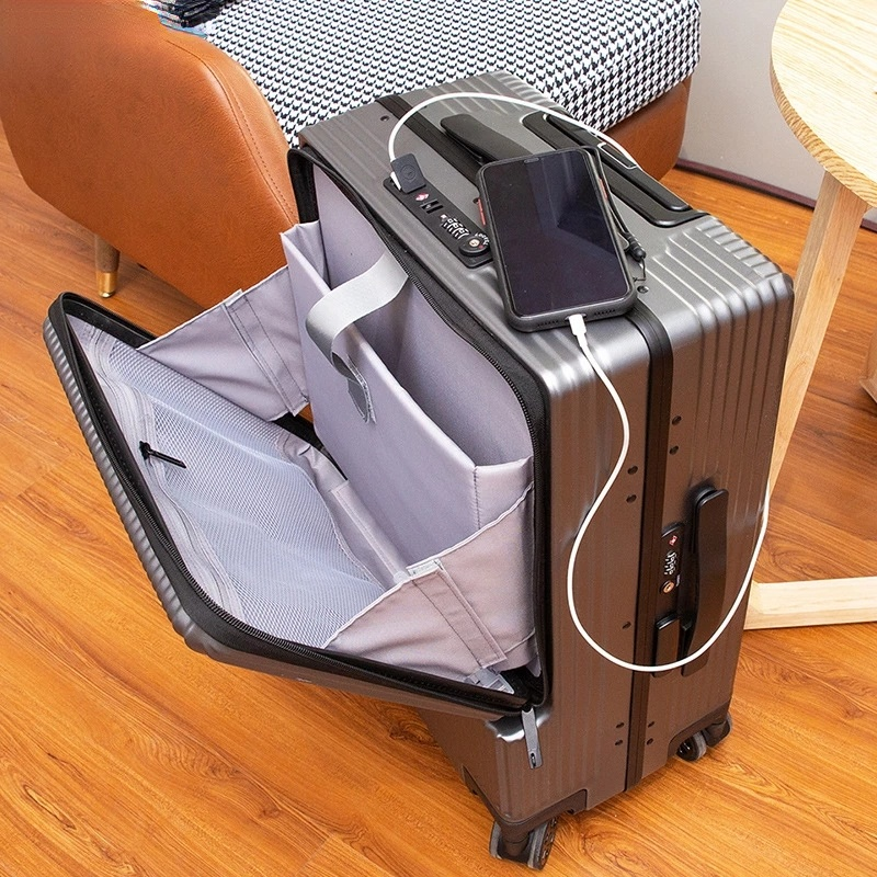 Voorste Opening En Side Opening Bagage Mannen Business Reizen Trolley Case Aluminium Frame Multifunctionele Koffer Met Micro Usb