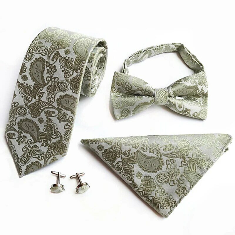 GUSLESON New Classic Tie Set 8cm Silk Jacquard Mens Necktie Gravata Hanky Cufflinks Bowtie Set Mens Tie for Wedding Party Gift
