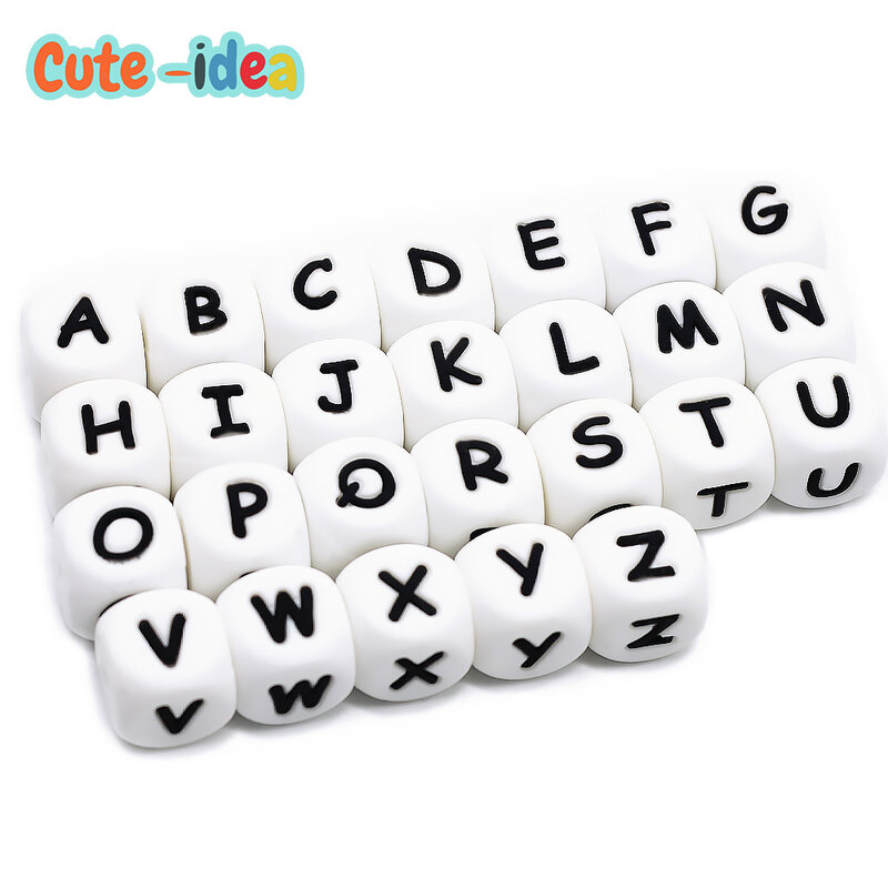 Cute-idea-Grânulos de silicone para dentição do bebê, letra do alfabeto inglês, acessórios de chupeta, bens para recém-nascidos, 10PCs, 12mm