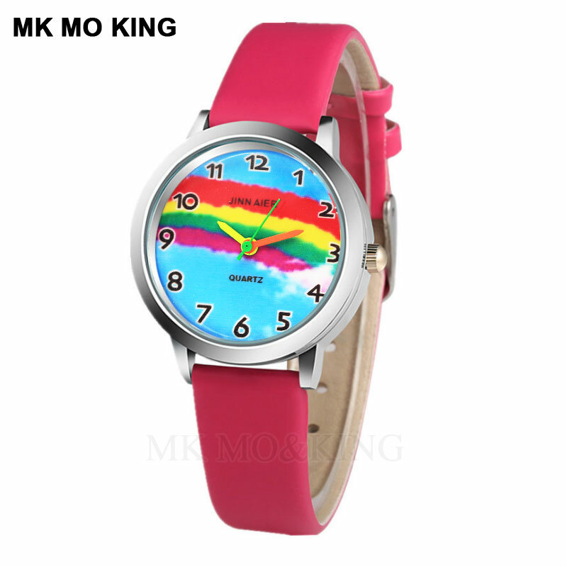 สายรุ้งการ์ตูนน่ารักสีชมพูสีฟ้าสีแดงเด็กหญิงเด็กดิจิตอลควอตซ์นาฬิกาข้อมือนาฬิกาของขวัญสร้อยข้อมือ Relogio