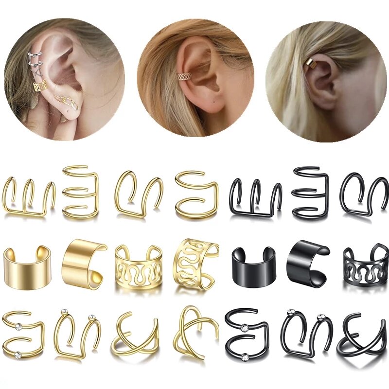 Aço inoxidável Clip-On Ear Cuff Brincos Set para Mulheres, Falso Cartilagem Brincos Lot, Não Piercing, 12 Pcs