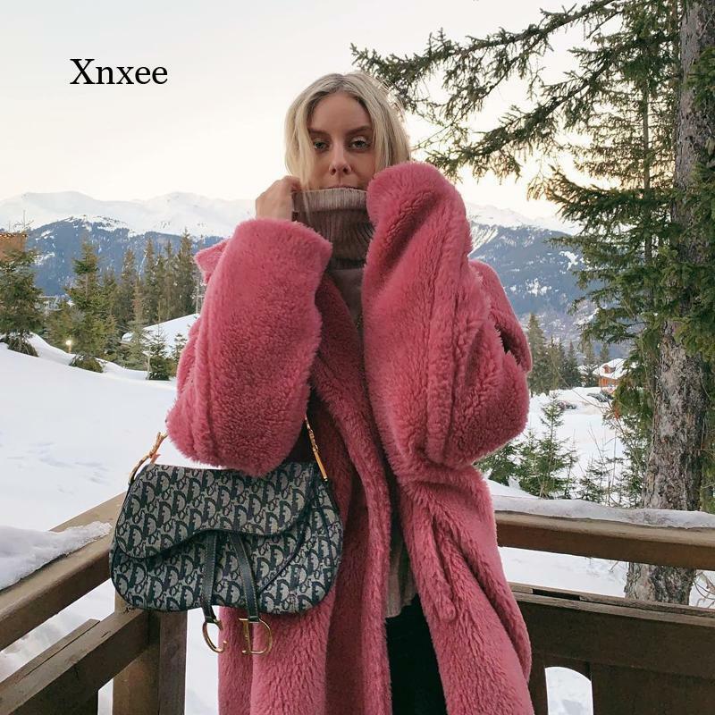 Новинка 2021, модное зимнее розовое длинное пальто, плотное теплое однотонное пальто, женское кашемировое меховое пальто