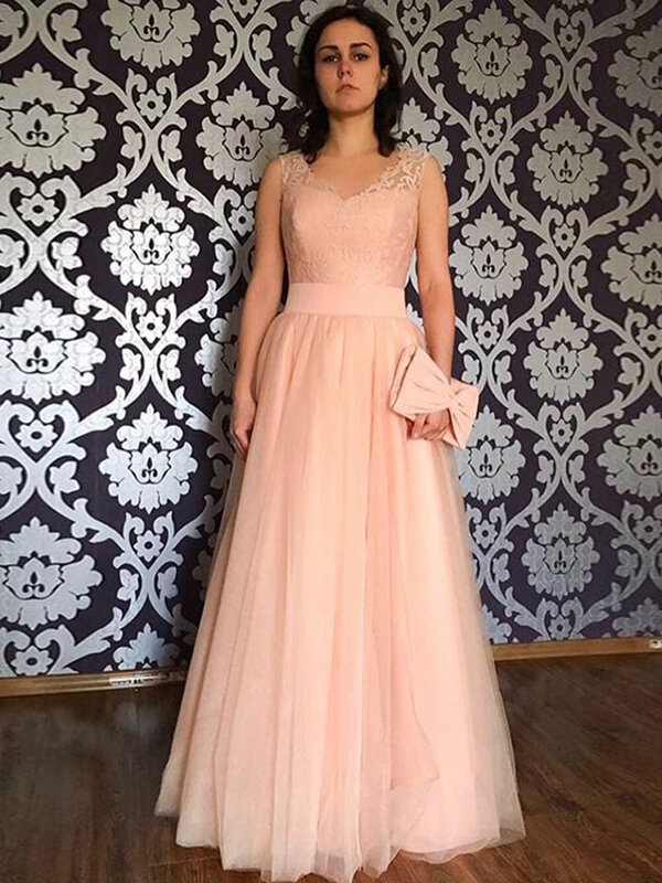LORIE Blush Pink Tulle Evening Dresses V-neck Sleeveless Long Lace Formal Evening Party Dresses Elegant Prom Gown Zipper