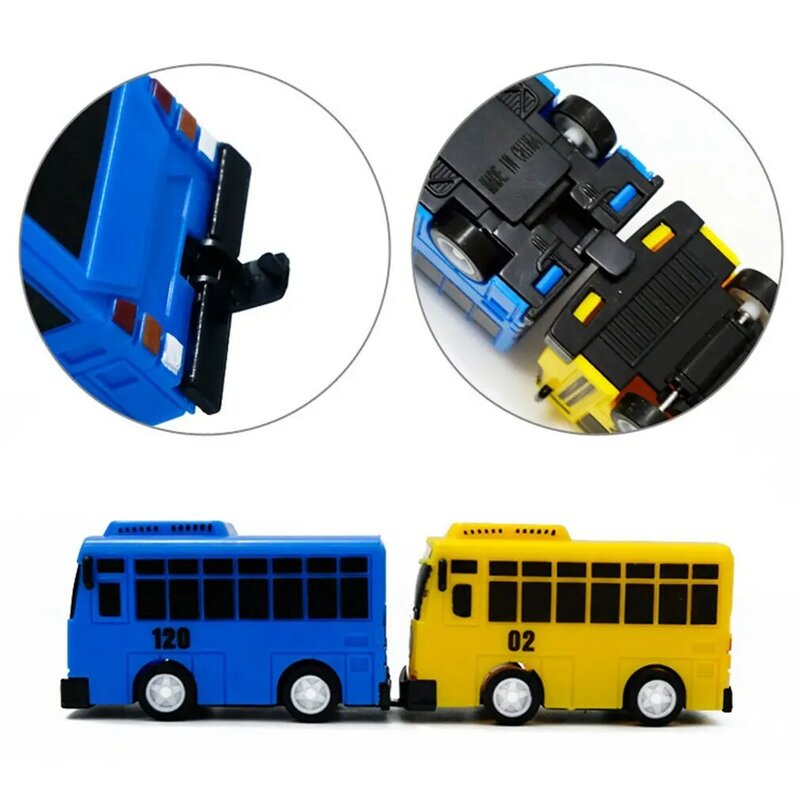 4 buah/set mainan pendidikan Bus kecil Anime Tayo the Little Bus mainan Model mobil tarik mundur plastik Mini kartun untuk hadiah Natal anak-anak