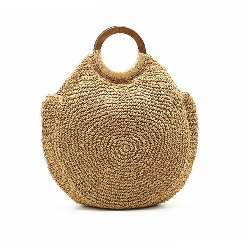 Женская плетеная Сумка с деревянными ручками, круглая соломенная сумка на плечо, вместительная пляжная дорожная сумка через плечо, новинка 2024