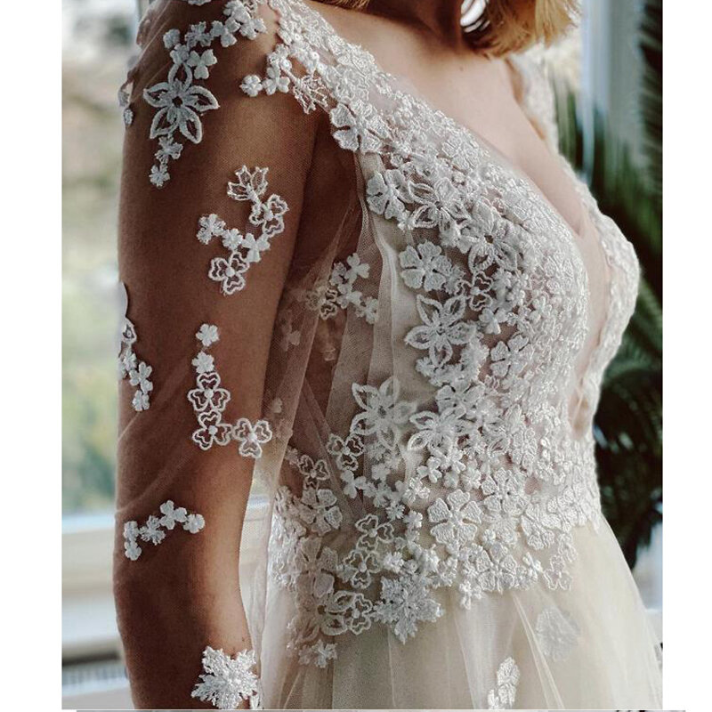 Gaun pernikahan elegan 2024 gaun pengantin leher-v panjang kapel renda A-Line panjang selantai gaun pengantin wanita Vestidos De Noiva