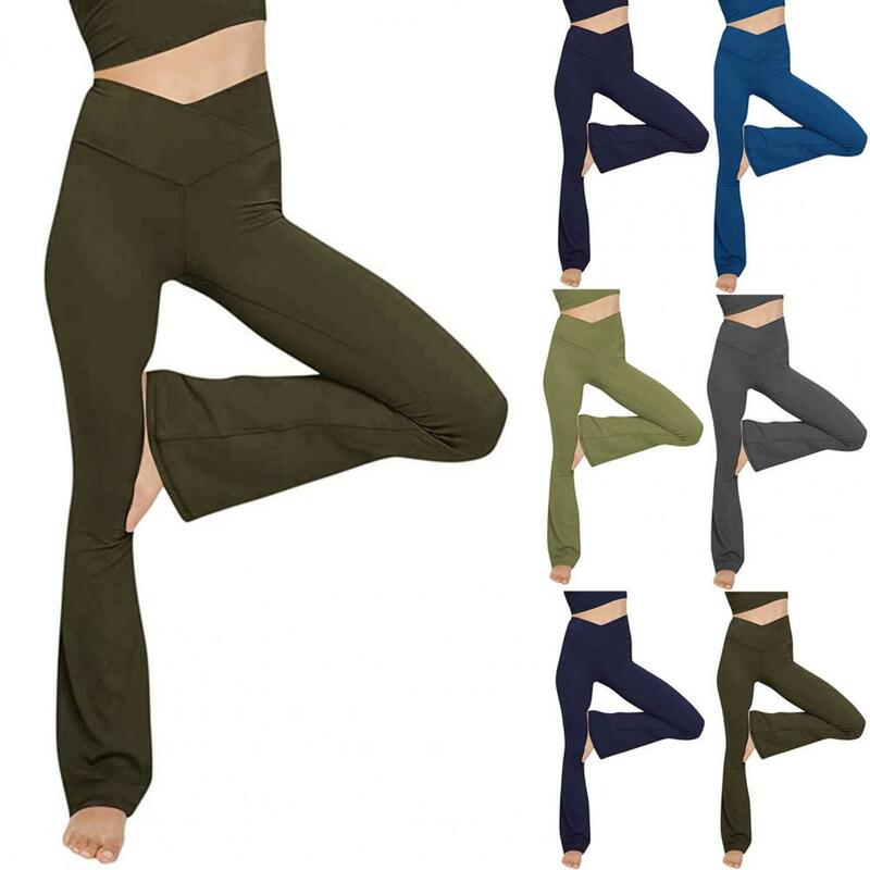 Calças de yoga cor sólida flare calças bandagem cintura alta alargamento calças