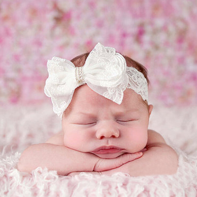Withe Lace Crystal Bow Flower Baby Headbands for girl Elastic Baby Accessories Kids headwear Newborn hairbands photography props