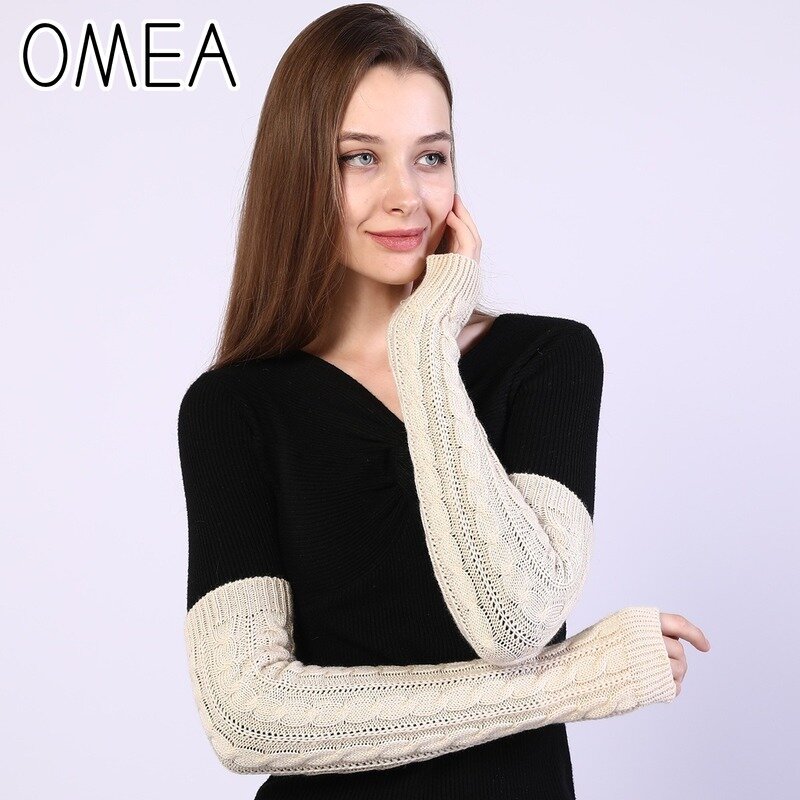 OMEA Women Knitted Arm Sleeves with Twist Braid Pattern Half-finger Gloves Solid Color Spring Arm Sleeve Oversleeves Female Warm