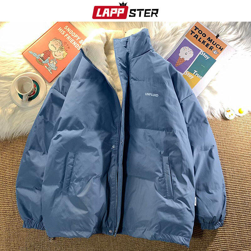 LAPPSTER Men Fleece Harajuku Warm Parkas 2023 Mens Korean Fashion Streetwear Winter Jacket Japanese Style Vintage Bubble Coat