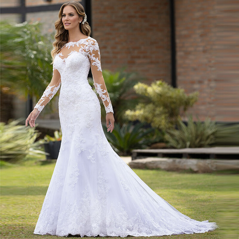 Gaun pernikahan lengan panjang putri duyung gaun pengantin applique renda leher-o elegan 2024 ukuran Plus gaya desa Vestido De Noiva