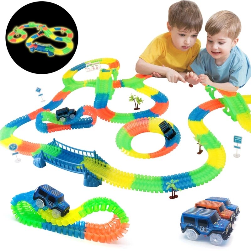 Mágica brilhante pista de corrida carros com luzes coloridas diy montagem flexível corrida curva ferroviário trilha carro brinquedos para crianças