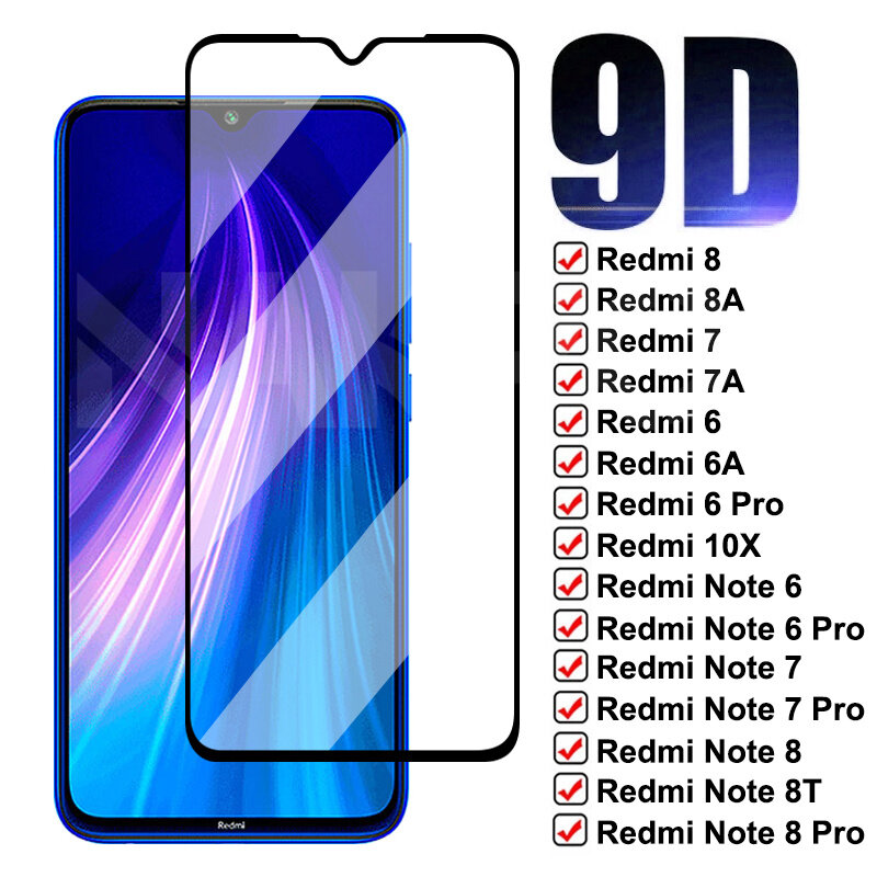 9D ป้องกันสำหรับ Xiaomi Redmi หมายเหตุ8T 8 7 6 Pro กระจกนิรภัยหน้าจอ Protector Redmi 8 8A 7 7A 6 6A K20 K30ฟิล์มกระจกนิรภัย