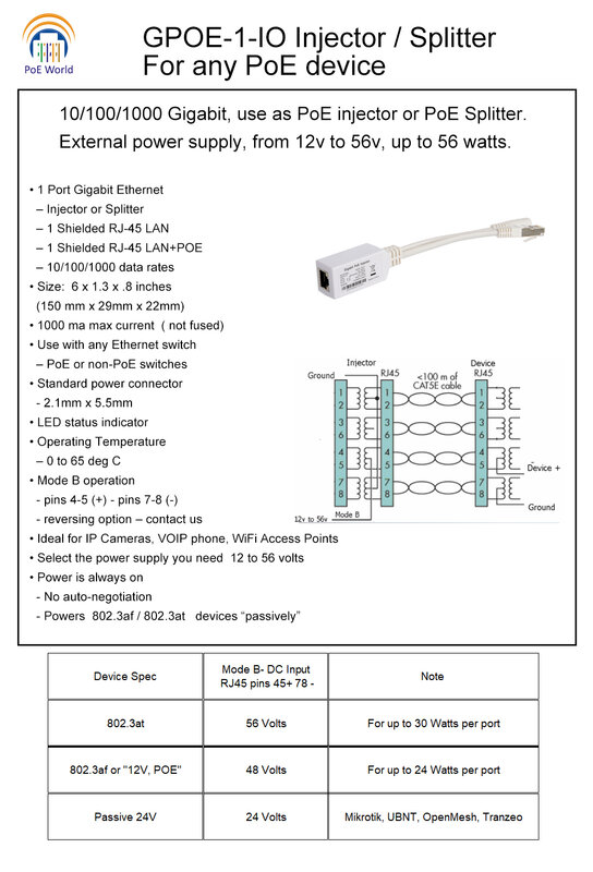 Injecteur PoE Gigabit pour MikroTik Mode B, câble de connecteur d'entrée, répartiteur PoE, ancre PoE, 12V-56V, livraison gratuite, 2 pièces