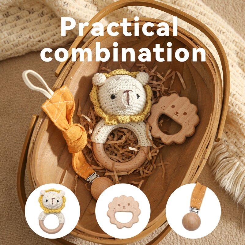 3pcs Baby Crochet Rattle Set Animal Beech Wood Teether Cotton Pacifier Chain Crochet Rattle With Bell Montessori Educational Toy