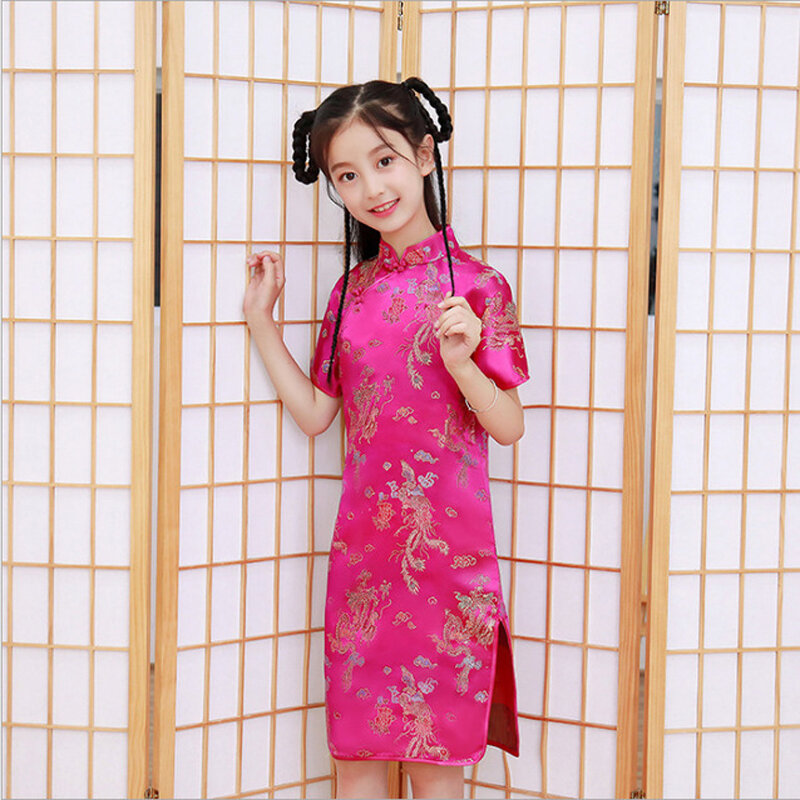 Vestido sedoso Cheongsam cetim para meninas, vestidos de princesa fofos, vestido de festa, roupas lindas de ano novo
