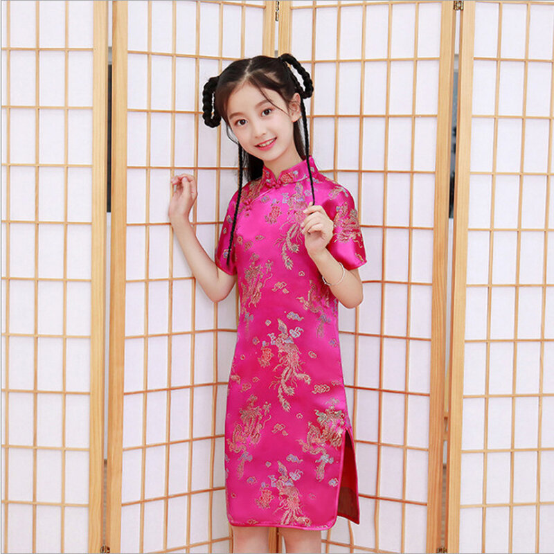 Vestido cheongsam de satén sedoso para niñas, bonito vestido de princesa, vestido de baile de fiesta para niños, ropa de Año Nuevo