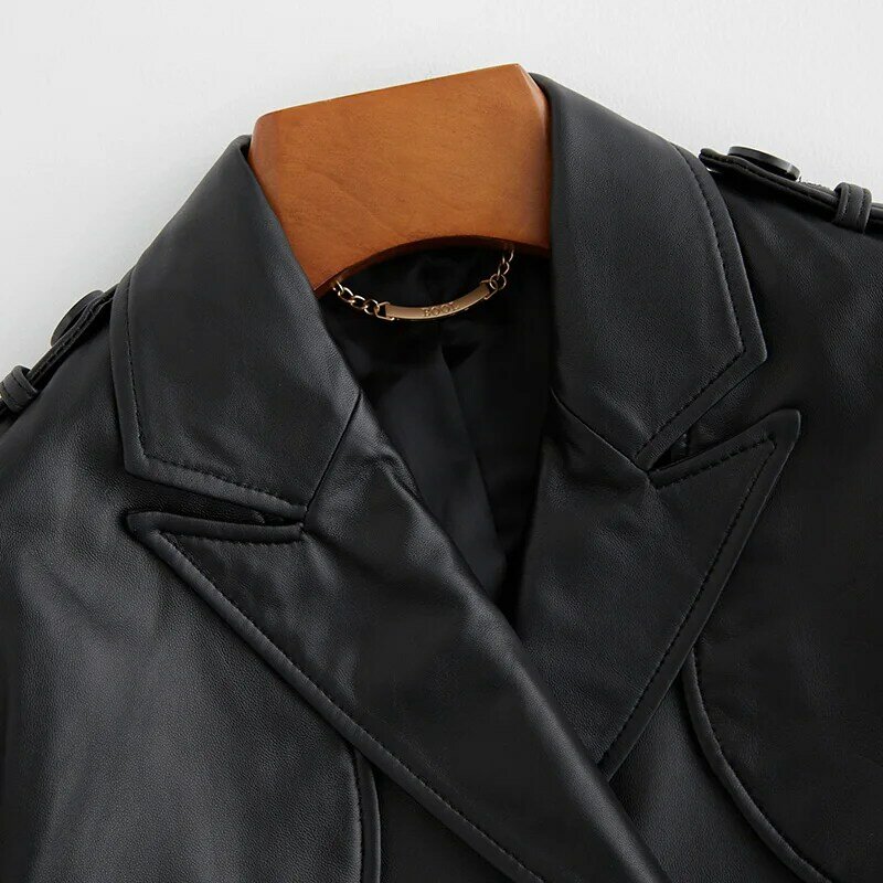 Gabardina de piel sintética para mujer, abrigo largo de manga larga con cinturón, de estilo británico, a la moda, color negro, Otoño, 2024