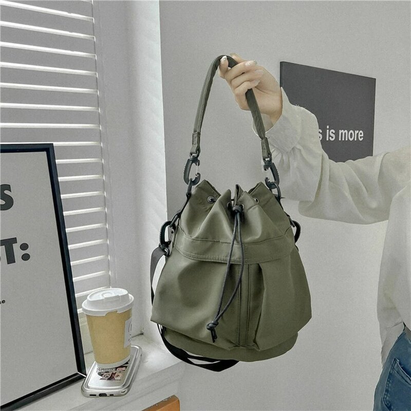 New Nylon String Bucket Bags Korean Style Drawstring Soft Crossbody Bag Large Capacity Casual Shoulder Bag Fashion Women's Bag