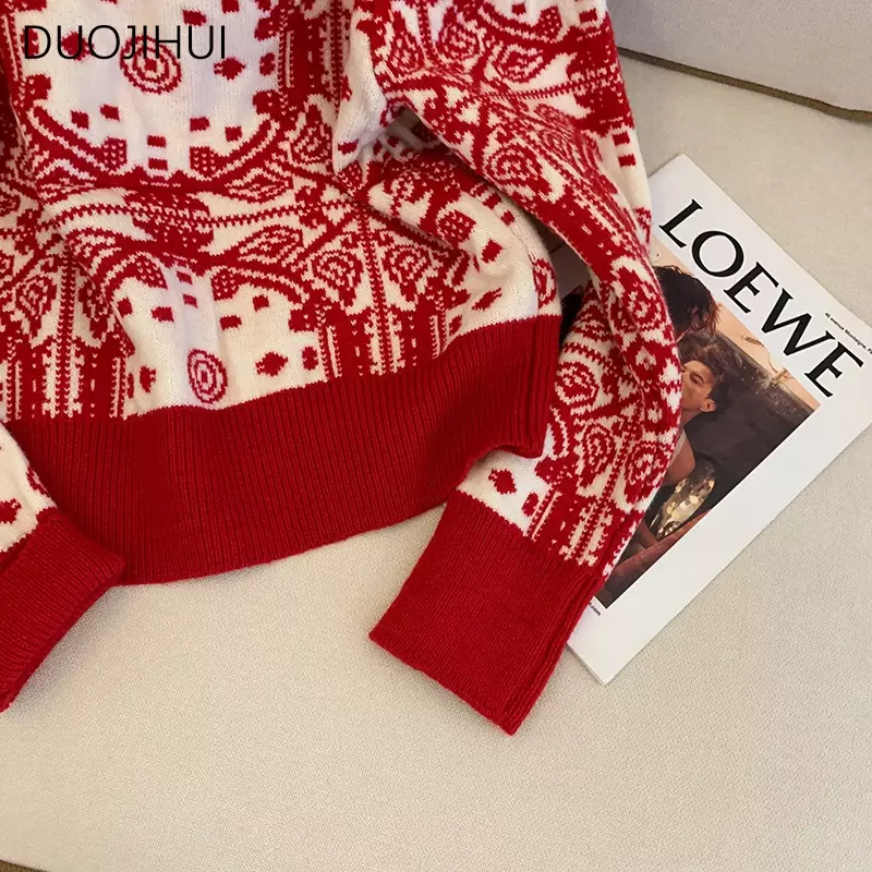 DUOJIHUI Классический красный шикарный вязаный свитер с круглым вырезом, женские пуловеры, зимние новые базовые модные повседневные женские пуловеры контрастных цветов